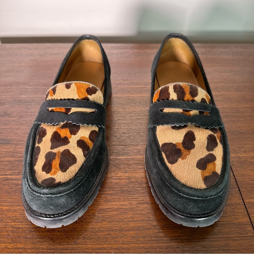 Talbots cheetah leopard black suede and pony hair oxford slip on loafers size 8